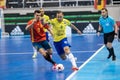 Indoor footsal match of national teams of Spain and Brazil at the Multiusos Pavilion of Caceres Royalty Free Stock Photo