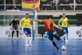 Indoor footsal match of national teams of Spain and Brazil at the Multiusos Pavilion of Caceres Royalty Free Stock Photo