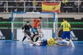 Indoor footsal match of national teams of Spain and Brazil at the Multiusos Pavilion of Caceres Royalty Free Stock Photo