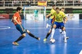 Indoor footsal match of national teams of Spain and Brazil at the Multiusos Pavilion of Caceres Royalty Free Stock Photo