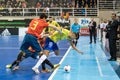 Indoor footsal match of national teams of Spain and Brazil at the Multiusos Pavilion of Caceres Royalty Free Stock Photo