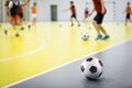 Football futsal ball goal and floor. Indoor soccer sports hall. Sport Futsal background. Indoor Soccer Winter League Royalty Free Stock Photo