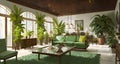 indoor garden with fountain environment living room interior mid century modern retro design wood furniture Royalty Free Stock Photo