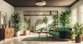 indoor garden with fountain environment living room interior mid century modern retro design wood furniture Royalty Free Stock Photo