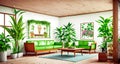 indoor garden with fountain environment living room interior mid century modern retro design wood furniture Royalty Free Stock Photo