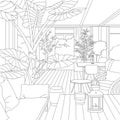 Indoor Garden Terrace Line Art and Outline Illustration