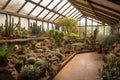 indoor garden with a variety of plants, including succulent and flowering specimens