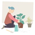 Indoor gardening woman with plants