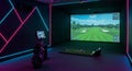 Indoor Golf Simulator Room Modern indoor golf simulator room with neon lighting golf bag and large screen displaying a golf Royalty Free Stock Photo