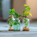 Indoor green oasis Tricolor Nephthytis in glass bottles, enhancing interior decor