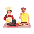 Indoor Grill Fry Meat Girl And Boy Together Vector
