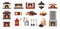 Indoor heating stove. Fireplaces with burning wood fire flame poker shovel fuel, cartoon bundle of hearths elements flat