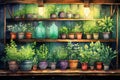 Indoor herb garden with grow lights self care background