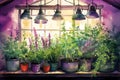 Indoor herb garden with grow lights self care background
