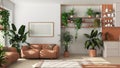 Indoor home garden concept. Kitchen and living room interior design in white and orange tones. Parquet, sofa and many house plants Royalty Free Stock Photo