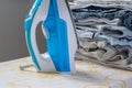 Indoor housework - steam iron and pile of folded clothes