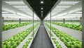 Indoor hydroponic vegetable plant factory in exhibition space warehouse. Interior of the farm hydroponics. Vegetables farm in