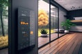 Indoor modern automated house with a thermostat display on the wall. Generative AI Royalty Free Stock Photo