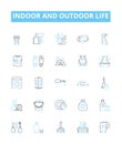 Indoor and outdoor life vector line icons set. Indoors, Outdoors, Habitat, Lifestyle, Dwelling, Recreation, Environment