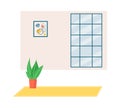 Indoor plant in pot on yellow rug, modern room with abstract painting and large window, geometric style. Home decor and Royalty Free Stock Photo