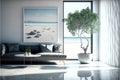 Indoor plant on white floor with empty concrete wall background, Lounge and coffee table near glass window in sea view living room Royalty Free Stock Photo