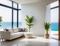 Indoor plant on white floor with empty concrete wall Lounge and coffee table near glass window in sea view living room of Royalty Free Stock Photo