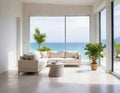 Indoor plant on white floor with empty concrete wall Lounge and coffee table near glass window in sea view living room of Royalty Free Stock Photo