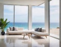 Indoor plant on white floor with empty concrete wall Lounge and coffee table near glass window in sea view living room of Royalty Free Stock Photo