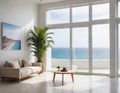 Indoor plant on white floor with empty concrete wall Lounge and coffee table near glass window in sea view living room of Royalty Free Stock Photo