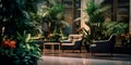 Indoor plants and greenery create a calming and nature-inspired atmosphere in the lobby. Generative AI