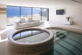 Indoor pool of private villa with lake view and bar area Royalty Free Stock Photo