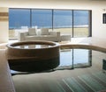 Indoor pool of private villa with lake view and bar area Royalty Free Stock Photo