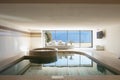 Indoor pool of private villa with lake view and bar area Royalty Free Stock Photo