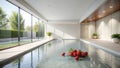 Indoor pool relaxation sunlit serenity with floating strawberries in a modern spa setting. Generative AI Royalty Free Stock Photo