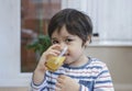 Indoor Portrait cute little boy drinking home made orange juice from glass on after finished breakfast, Healthy 4-5 year old boy Royalty Free Stock Photo