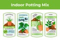 Indoor potting gardening mix sticker set vector flat illustration. Planting flowers in pot package