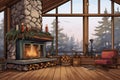 indoor rustic fireplace in front of a full-height glass window, magazine style illustration