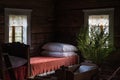 Ancient bedroom interior wooden house Lithuania