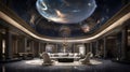 Within an indoor setting, a captivating, curved galaxy gracefully ascends from the floor to the ceiling. The space features a