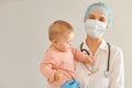 Indoor shot of doctor pediatrician wearing medical cap, surgical mask, gown and rubber gloves, looking at camera with smile, Royalty Free Stock Photo