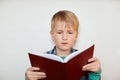 A indoor shot of small schoolboy with fair hair holding a book in his hands. A little boy reading a book isolated over white backg Royalty Free Stock Photo