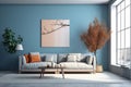 indoor sofa blue interior apartment design home room modern wall furniture. Generative AI. Royalty Free Stock Photo