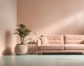 Indoor sofa with home plants. In pastel colors. Minimal relaxation and home decor concept. With copy space.