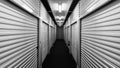 Black and white metal self storage unit doors on each side of a hallway. Royalty Free Stock Photo