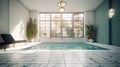 Indoor swimming pool in a luxury home. Blue tile walls and white floors, comfortable deck chairs, plants in floor pots Royalty Free Stock Photo
