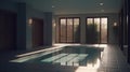 Indoor swimming pool in a luxury home. White tiled walls and floor, wall lamps, large windows overlooking the garden in Royalty Free Stock Photo