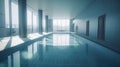 Indoor swimming pool in a luxury modern urban building. Tile walls and floors, large panoramic windows with stunning Royalty Free Stock Photo