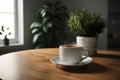 Indoor tranquility coffee cup on table in serene interior