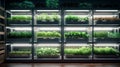 Indoor vertical farm with hydroponic plant shelves under LED lights. Concept of urban agriculture, sustainable farming Royalty Free Stock Photo