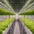 Indoor vertical farming setup with rows of green leafy vegetables like lettuce on multi- Royalty Free Stock Photo